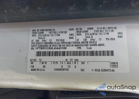 2020 Ford Transit-250 from USA, damaged, VIN 1FTBR1C8XLKA43100